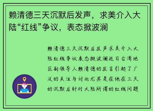 赖清德三天沉默后发声，求美介入大陆“红线”争议，表态掀波澜